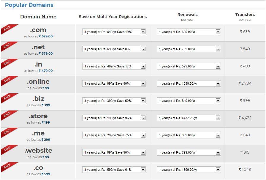 Price list of Bigrock Domain